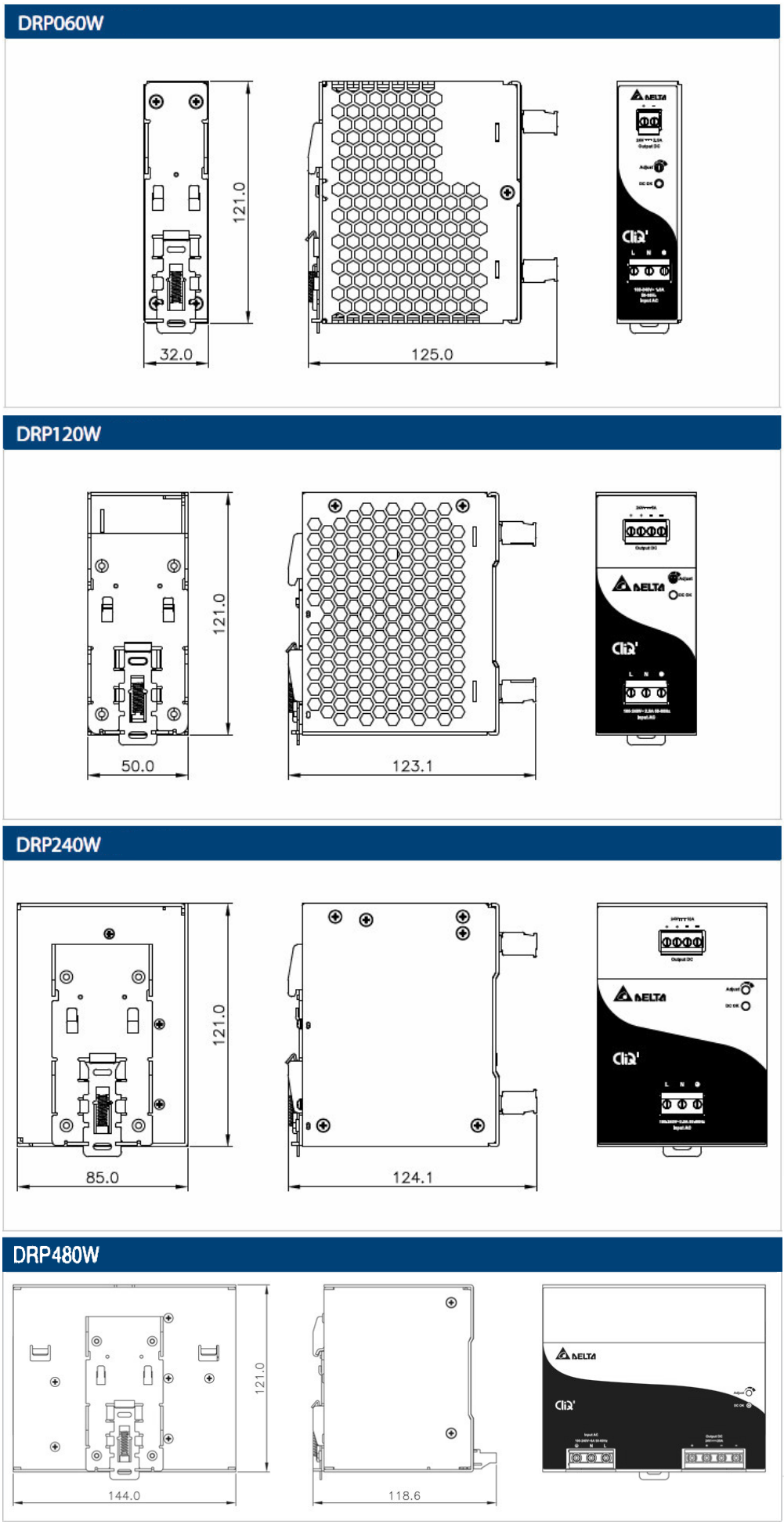Technical drawings showing dimensions for Delta power supplies.