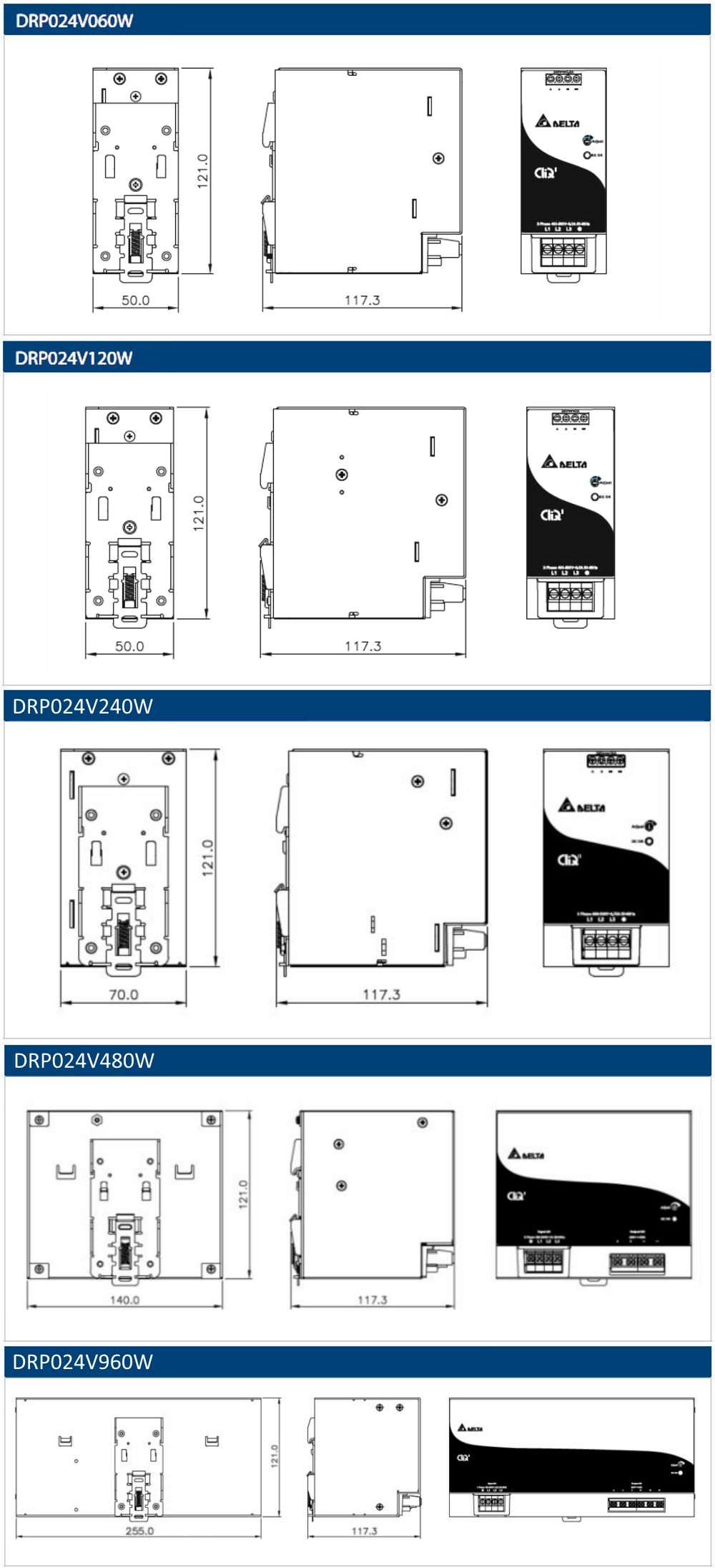 Technical drawings of Delta power supply units with dimensions.