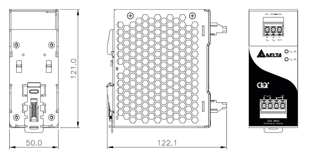 Technical drawing of an electrical module with dimensions.