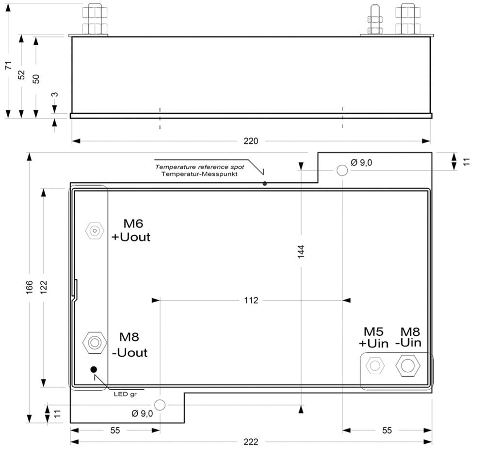 Technical drawing with dimensions of a box.