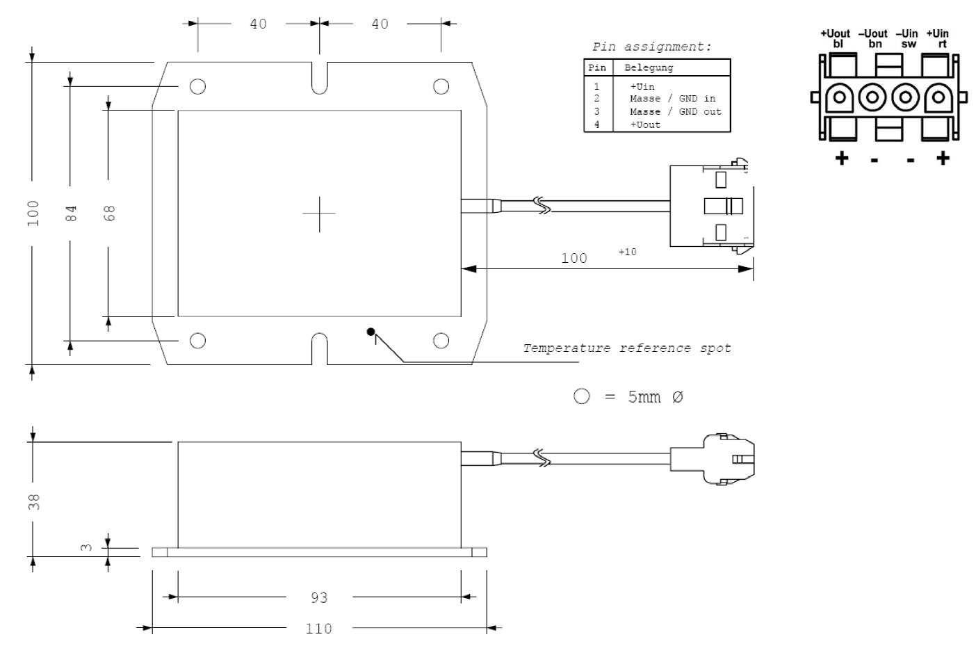Technical drawing of a square component with dimensions.