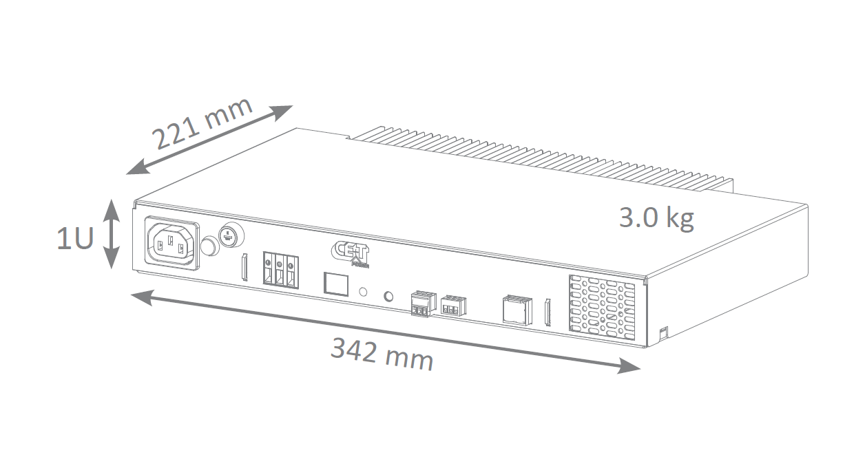 Diagram of a 1U device with dimensions and weight.