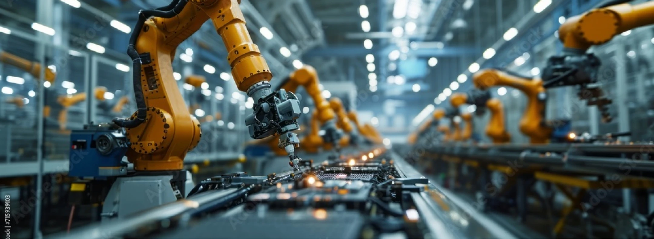 Orange robotic arms working on a production line.