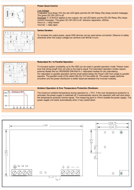 Wiring diagram for a power supply, showing dimensions and component layout.
