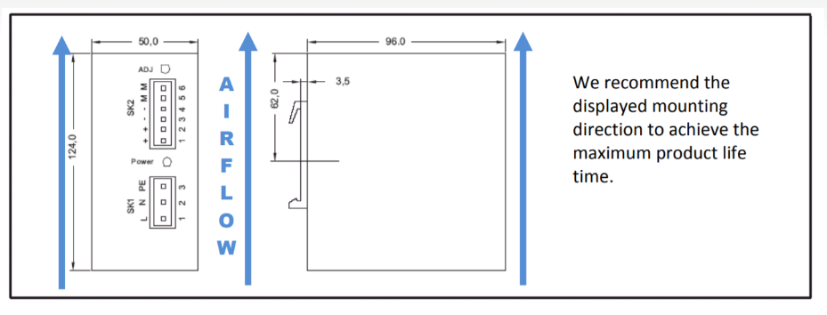 Wiring diagram showing airflow direction for product mounting.