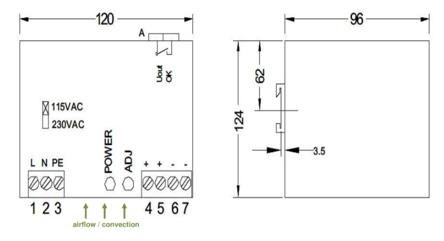 Electrical box diagram with dimensions.