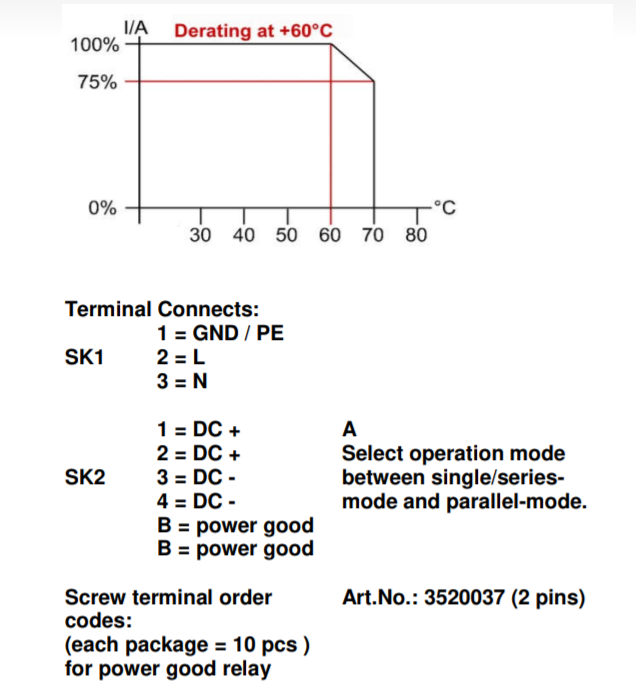 Derating curve at 60 degrees Celcius, plus wiring diagram.