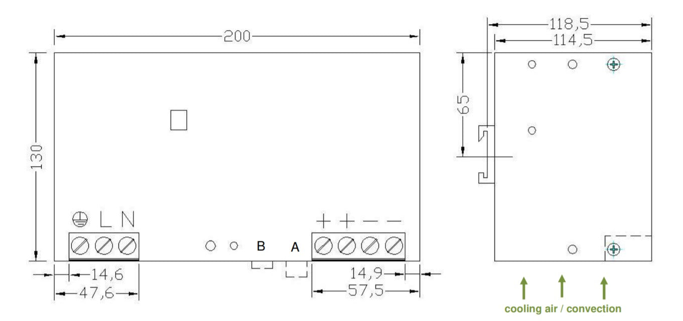 Technical drawing of an enclosure with dimensions and terminals.