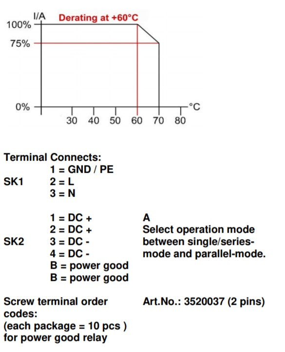 Derating chart at 60 degrees Celsius, and terminal connection diagrams.