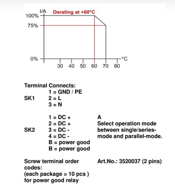 Derating graph and wiring diagram for a relay terminal.