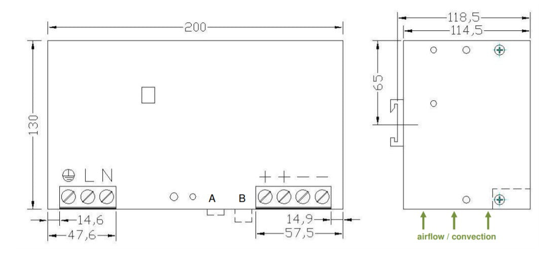 Electrical box diagram with dimensions and screw terminals.