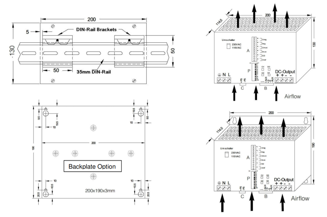 Technical drawing of a power supply unit with DIN rail and backplate options.