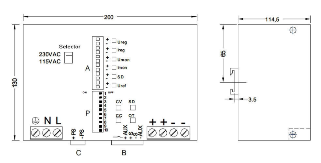 Electrical component diagram with dimensions.