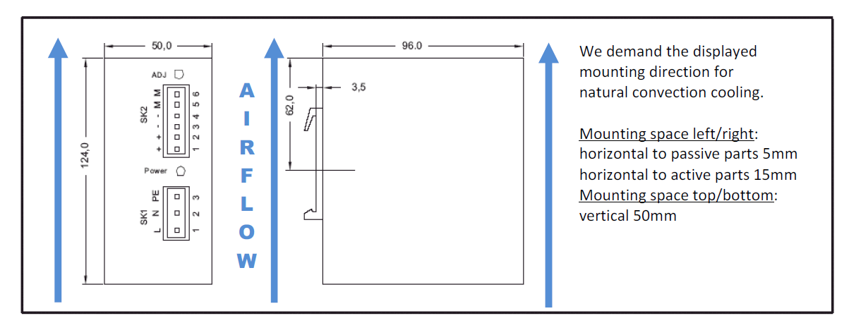 Technical drawing showing mounting specs and airflow direction.
