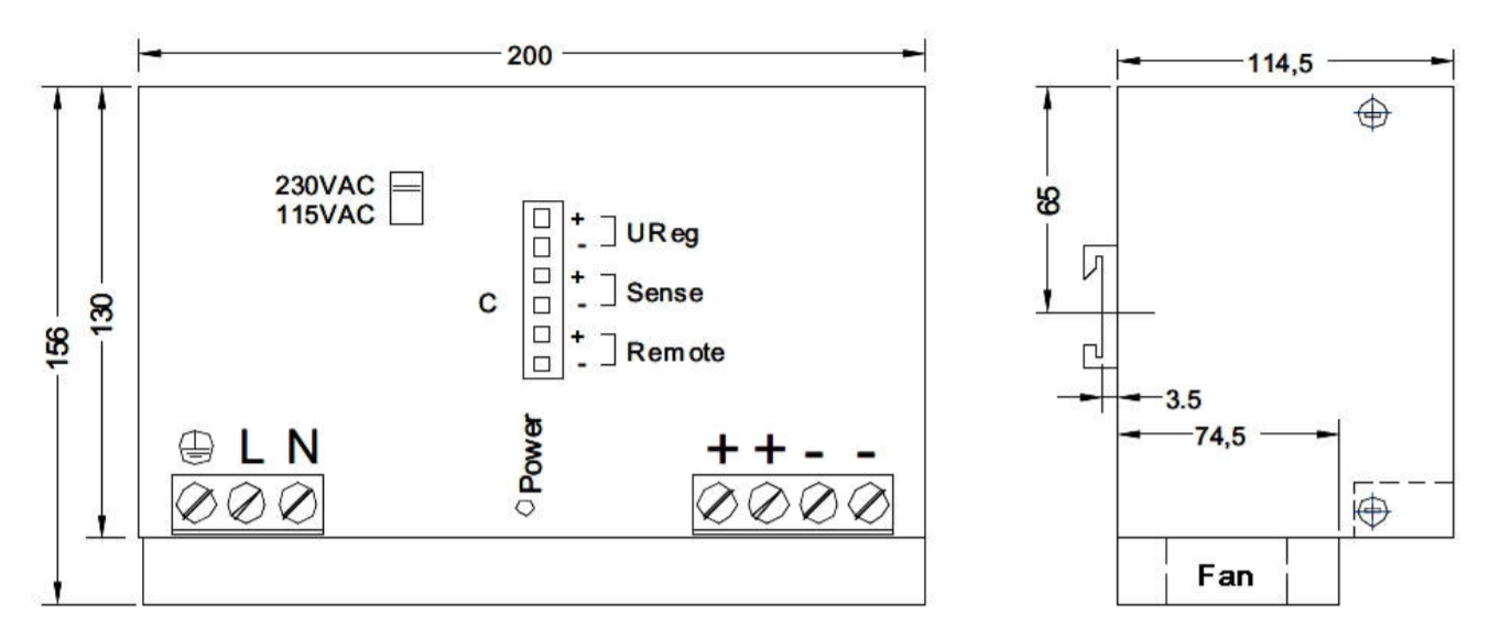 Electrical control panel schematic with dimensions.