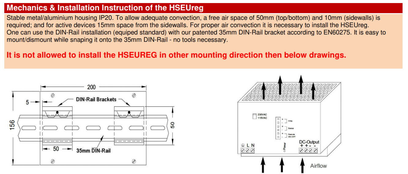 HSEUreg installation guide showing dimensions and airflow requirements.