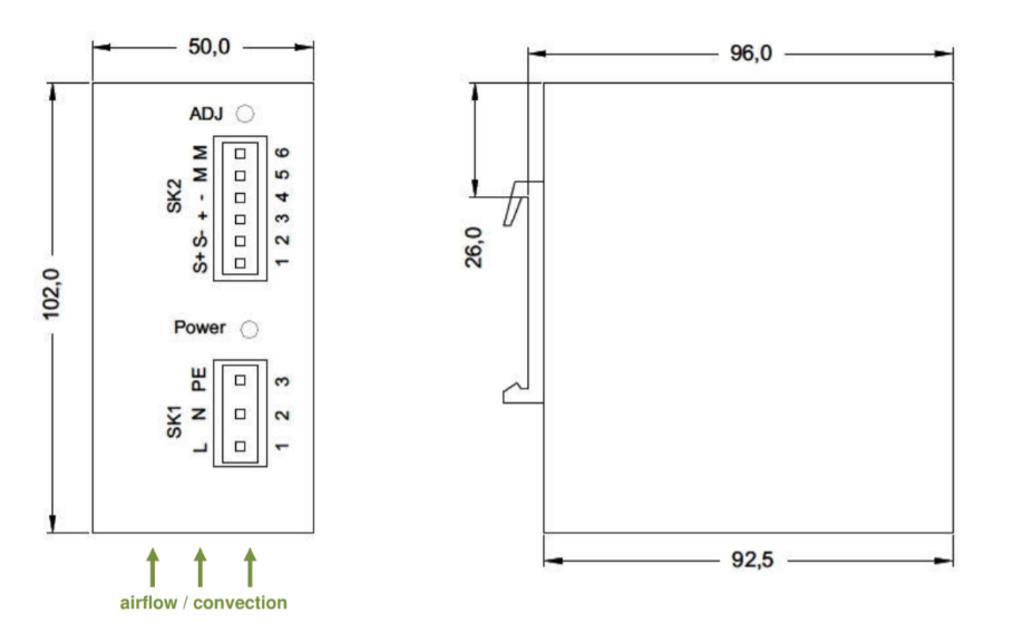 Technical drawing of a switchboard, showing dimensions and connection points.
