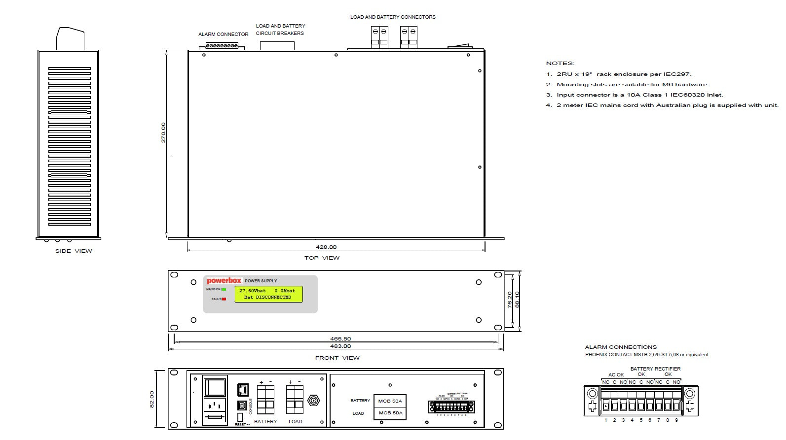 Technical drawing of a Powerbox power supply unit.