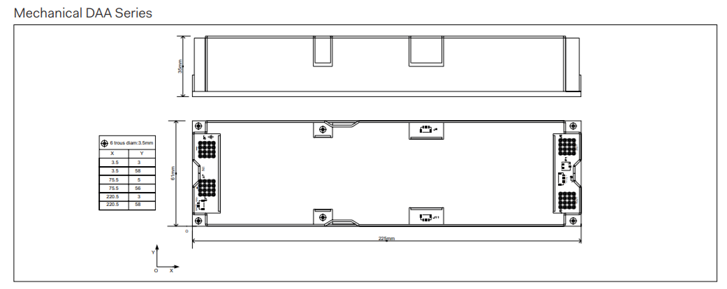 Technical drawing of a rectangular device, showing dimensions and mounting holes.