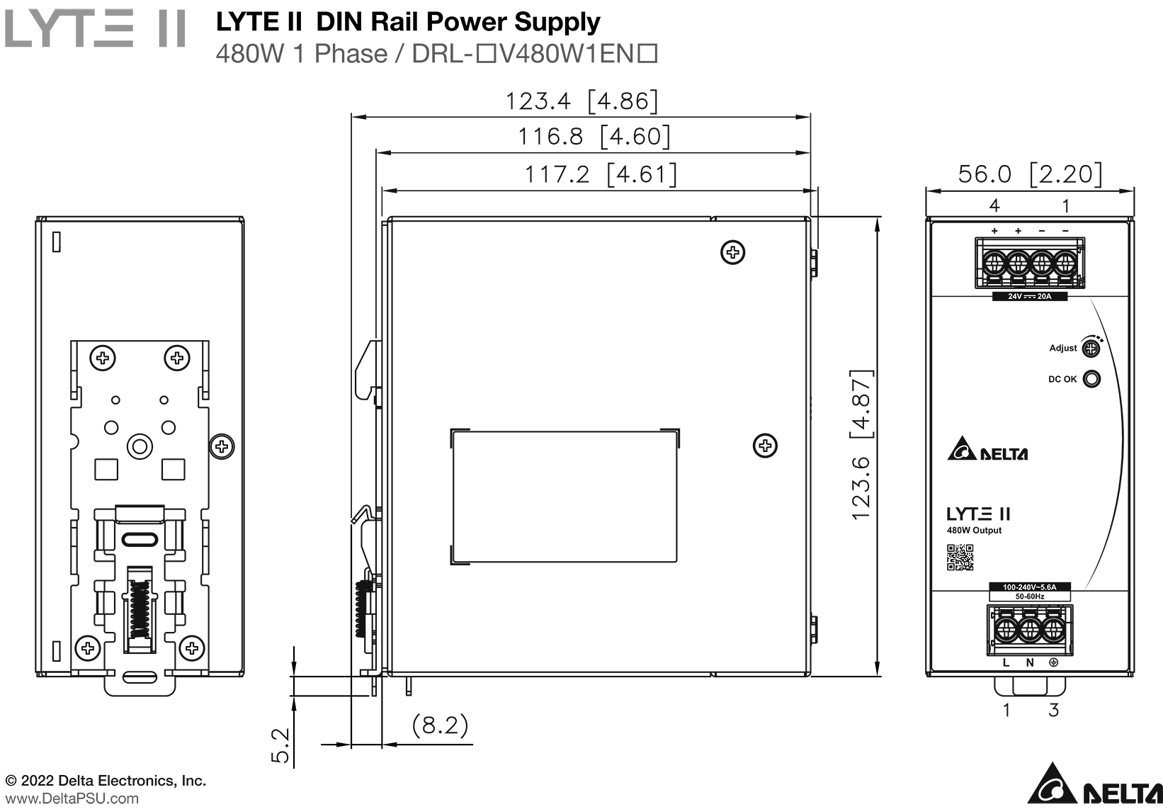 Diagram of a LYTE II DIN rail power supply, showing dimensions.