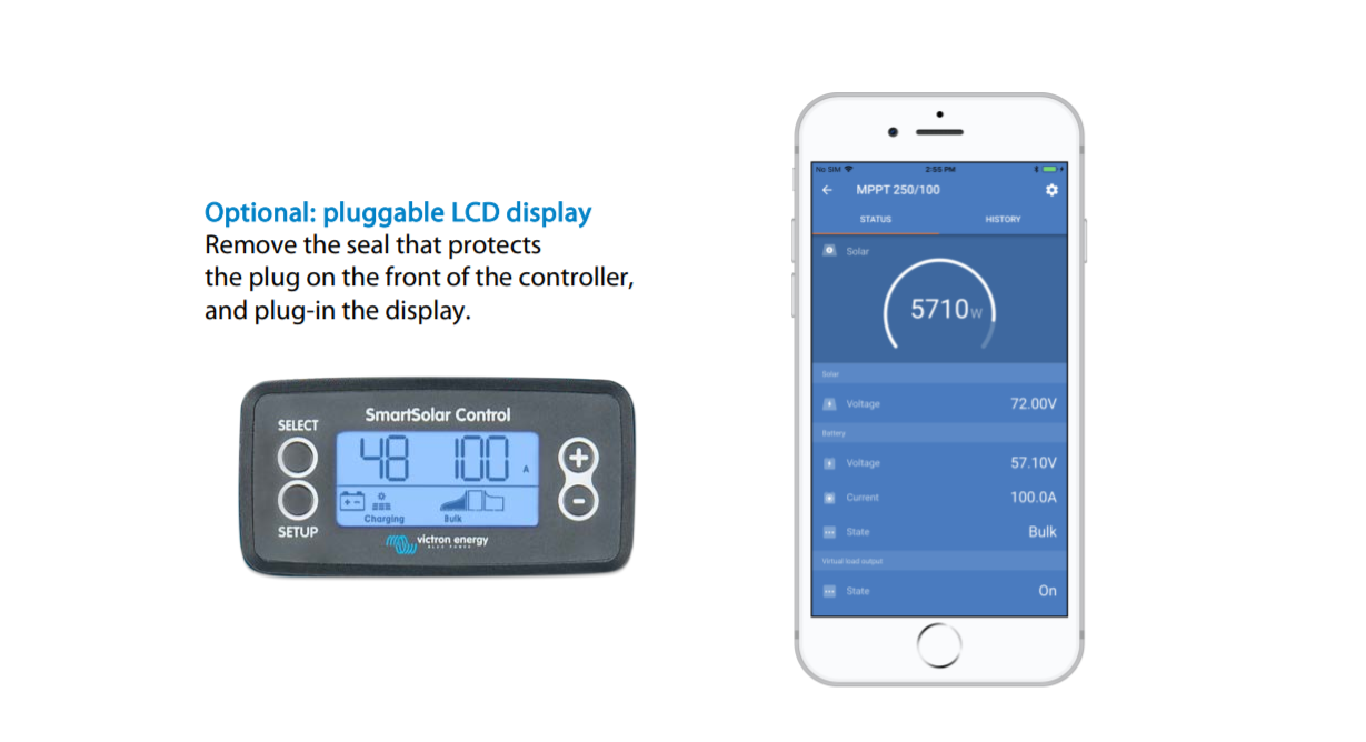 SmartSolar controller display and phone app showing solar panel data.