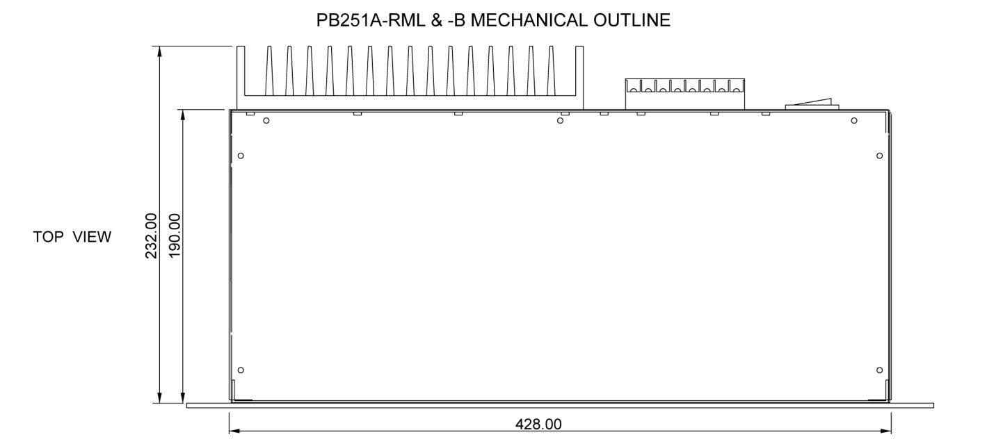 Diagram showing a mechanical outline of a rectangular unit, top view, with dimensions.