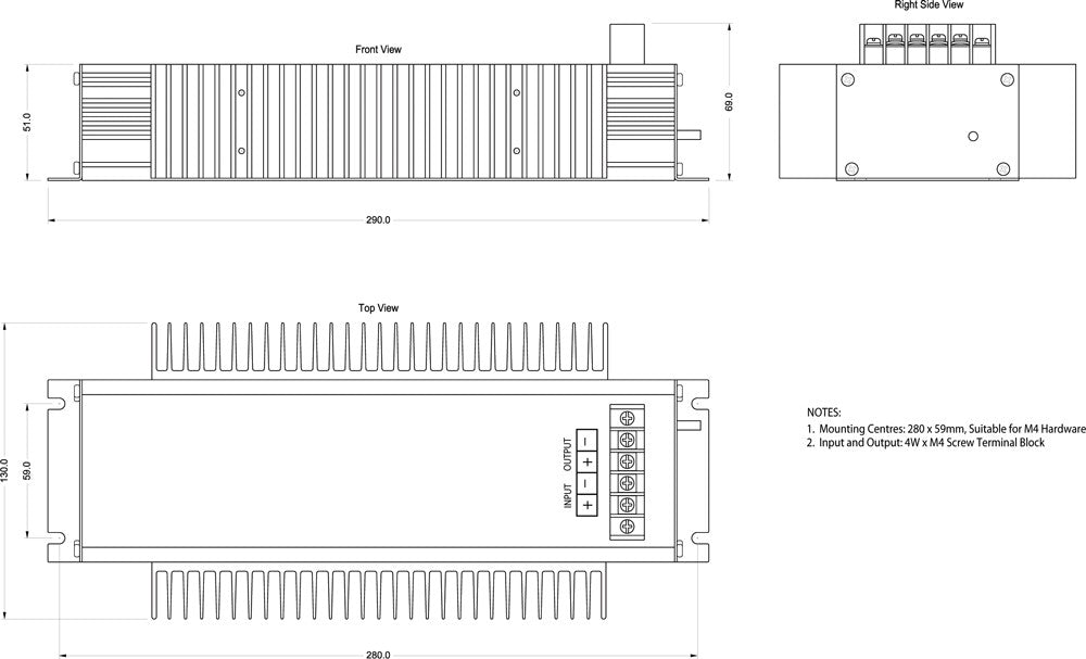 Technical drawing of an electrical box, showing front, top and side views with dimensions.