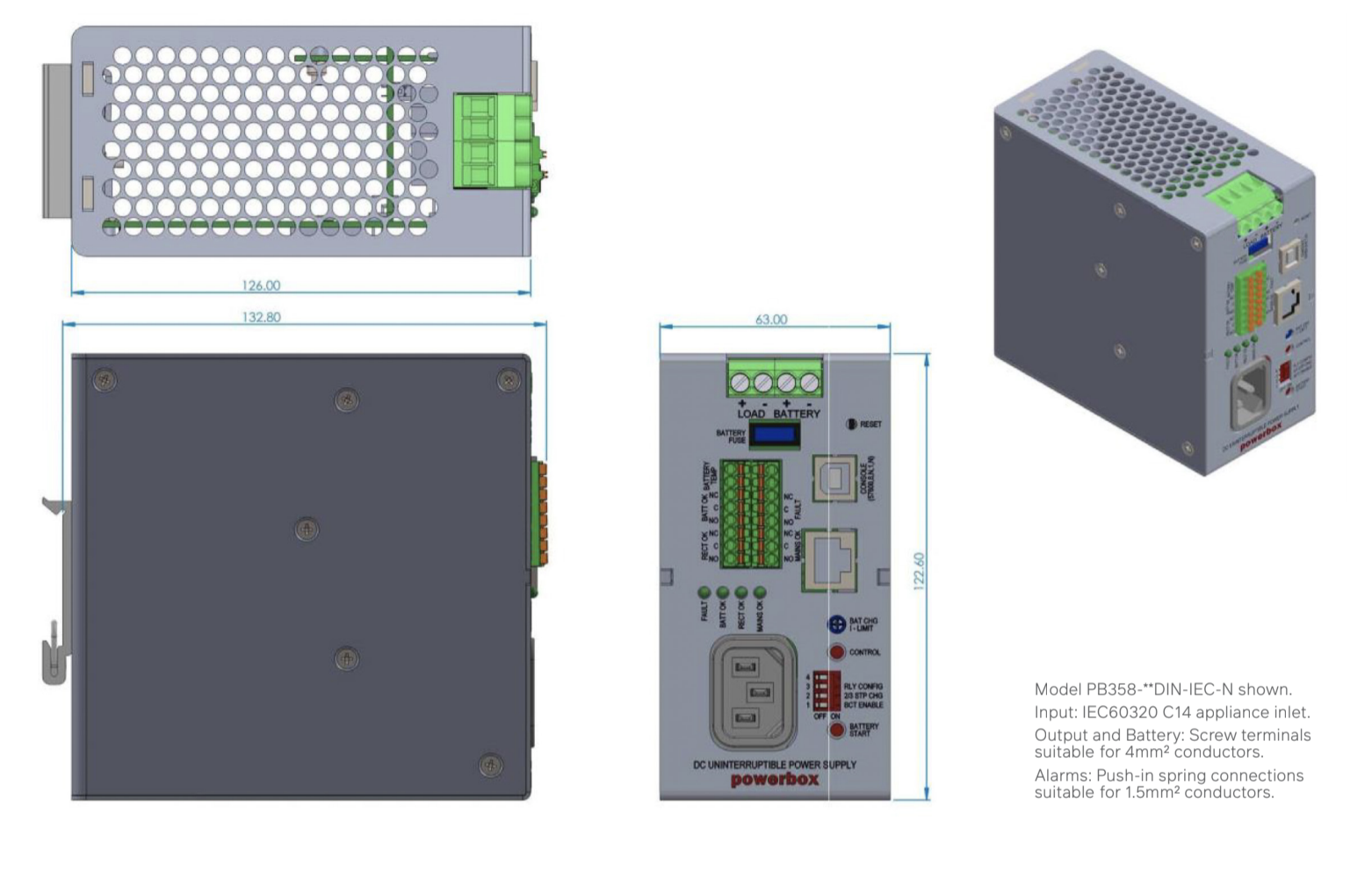 Dimensions of a power box with connection terminals.