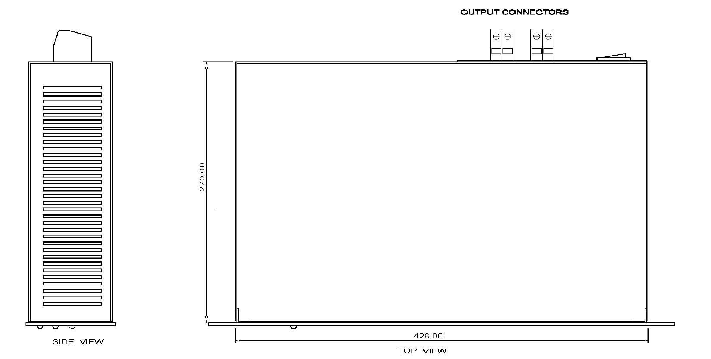 Technical drawing showing side and top views of an enclosure.