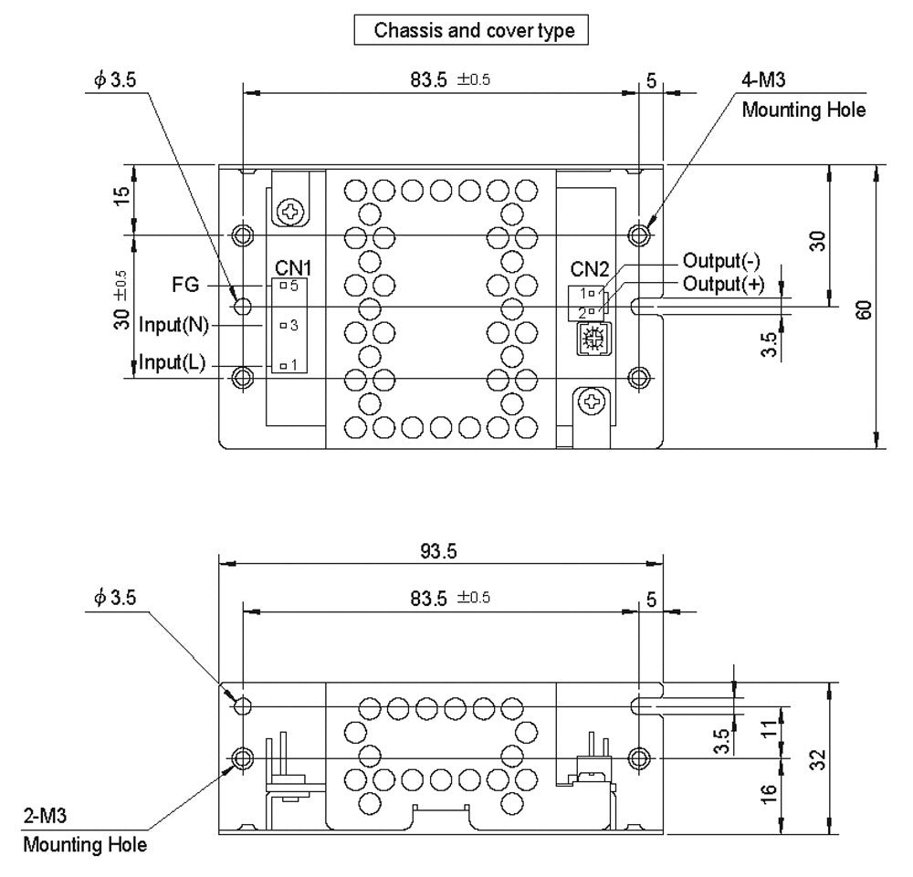Technical drawing of a chassis and cover type with dimensions.