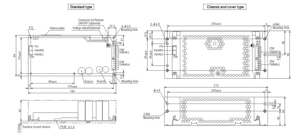 Engineering diagrams of a standard and chassis-cover type electronic component.