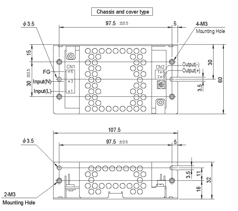 Technical drawing of a chassis with dimensions and mounting details.
