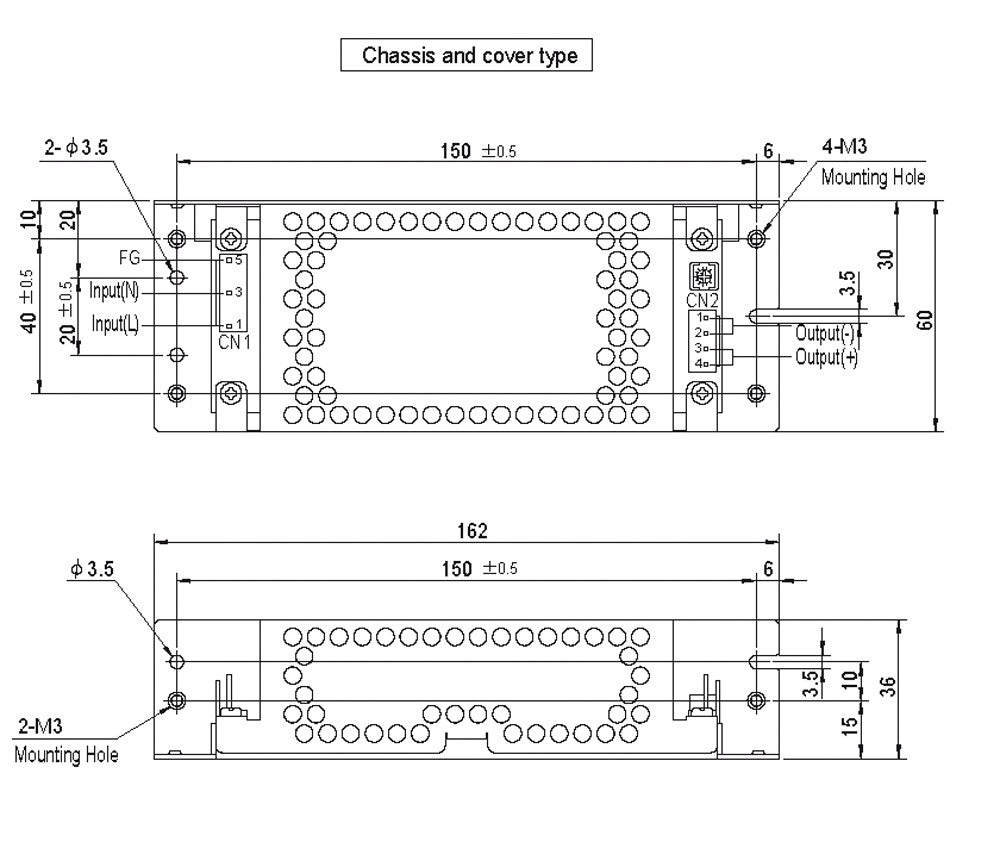 Technical drawing of a chassis and cover type with dimensions.
