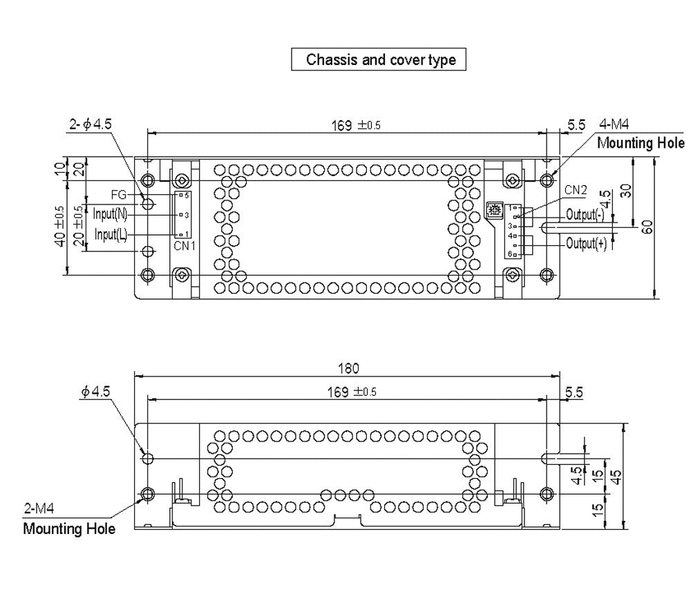 Technical drawing of a chassis and cover with dimensions.