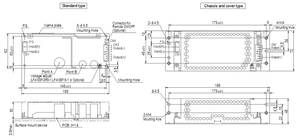 Technical drawing showing the dimensions and mounting specs for a power supply unit.