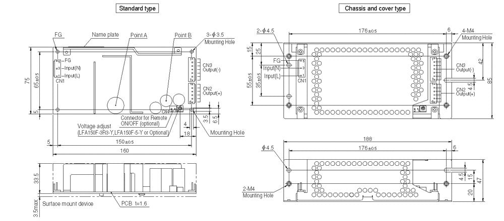 Technical drawings showing dimensions and mounting details for a power supply unit.