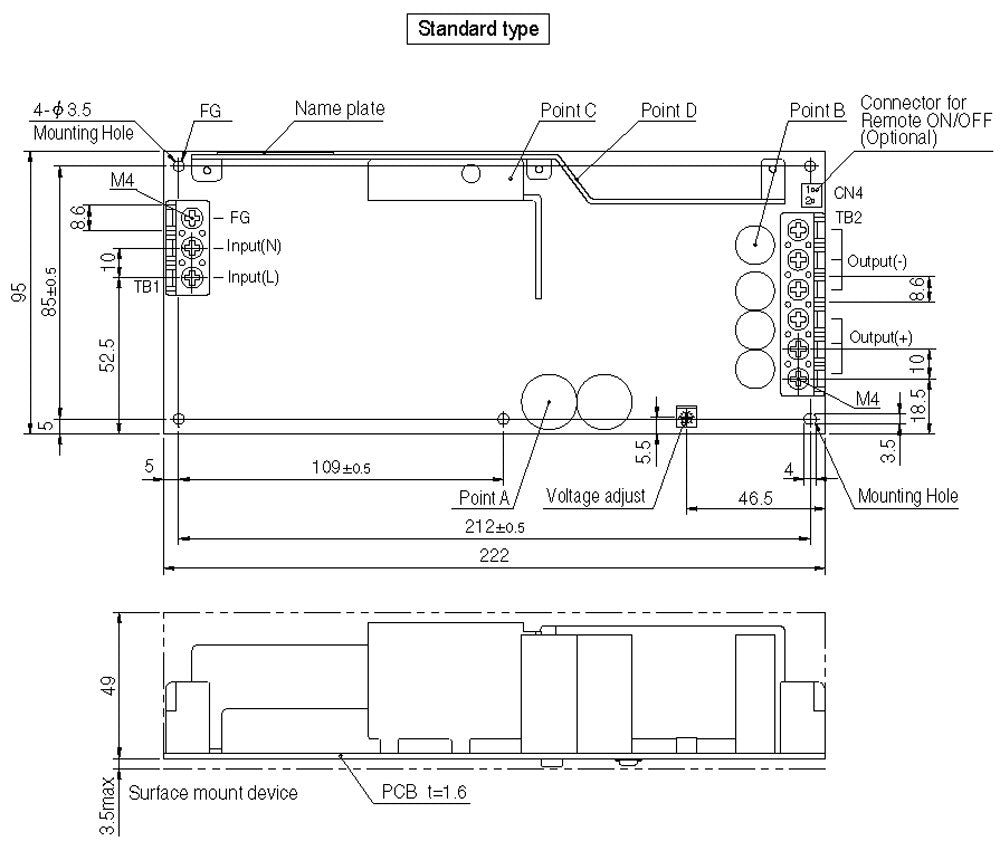 Technical drawing of a power supply unit, showing dimensions and components.