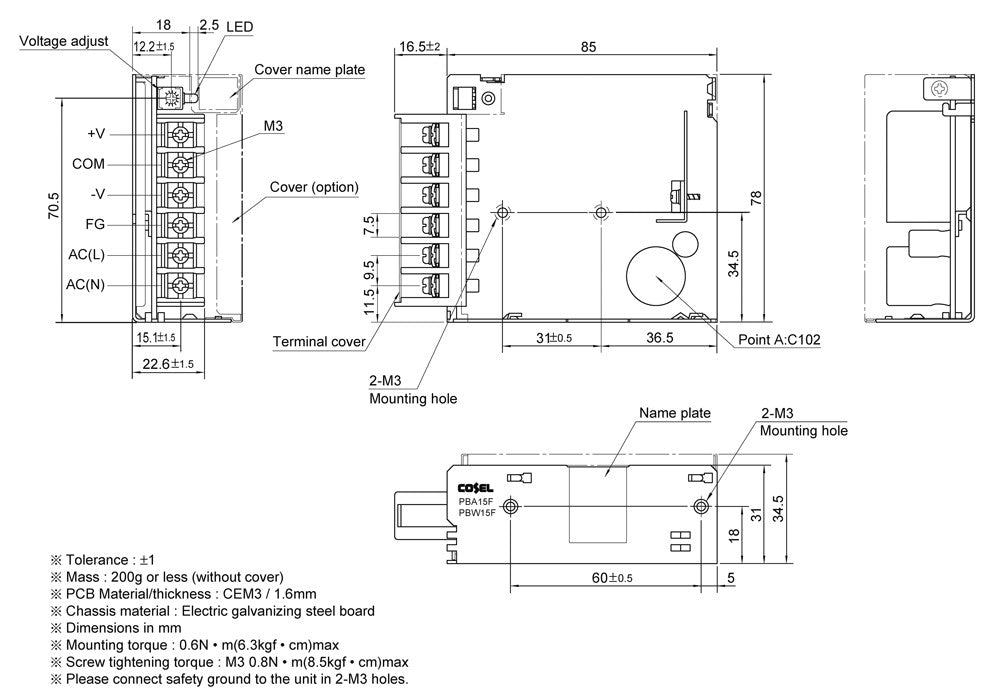 Technical diagram of a power supply unit with measurements.