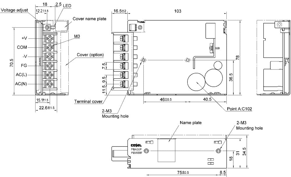Technical drawing of a power supply unit, showing dimensions and features.