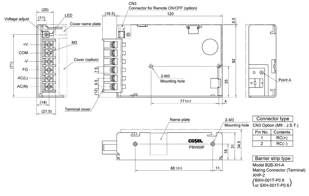Technical drawing of a CoSel PBW50F power supply unit with measurements.