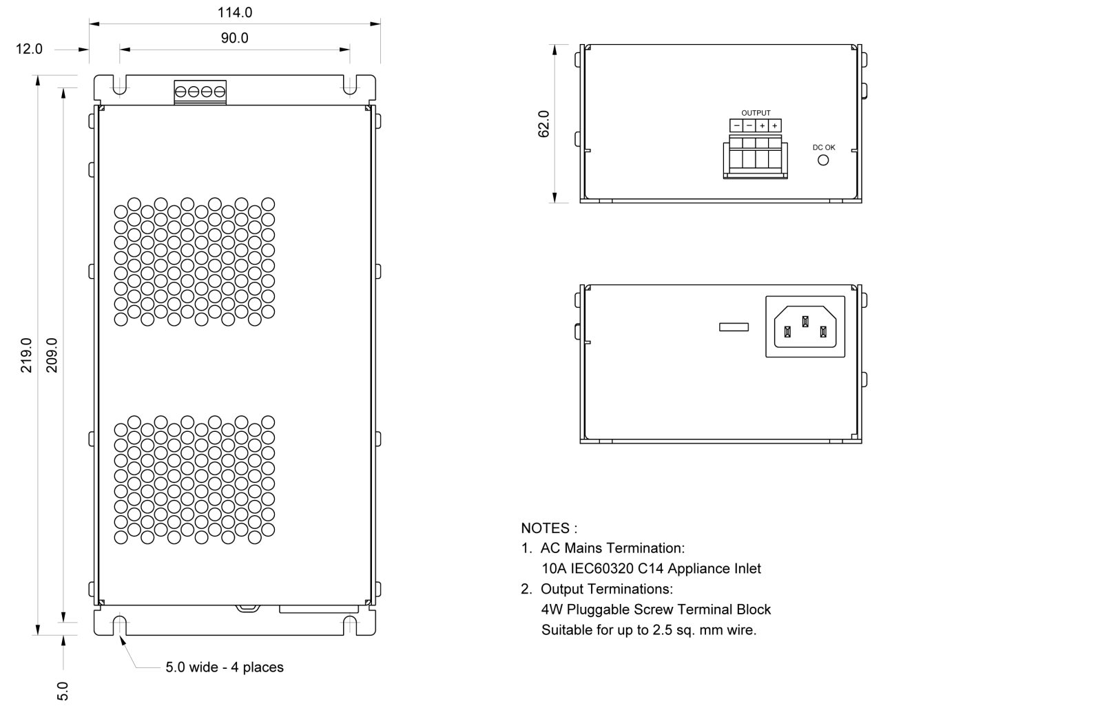 Technical drawing of a power supply unit with dimensions.