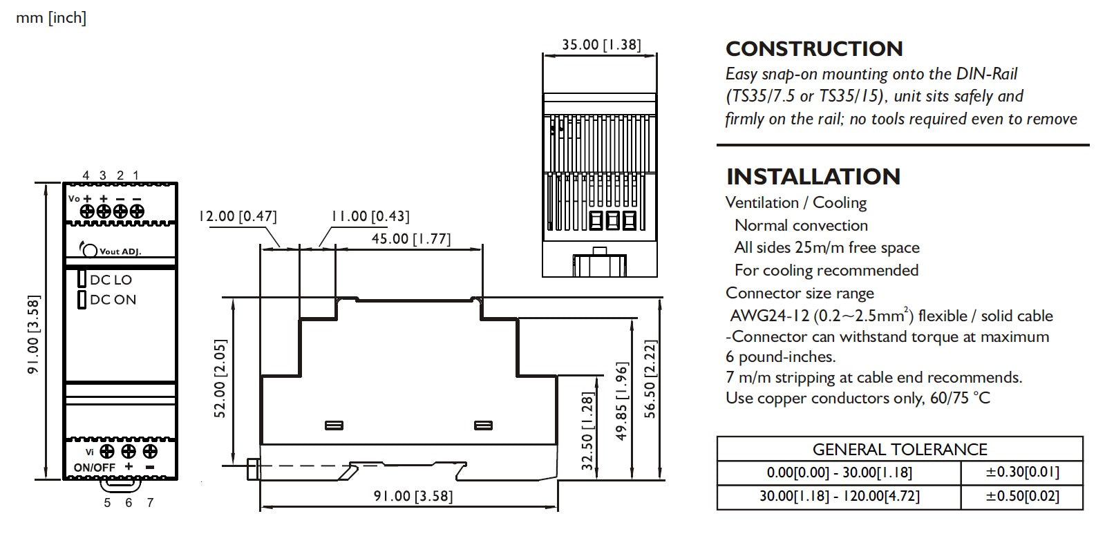 Technical drawing of a DIN rail power supply.