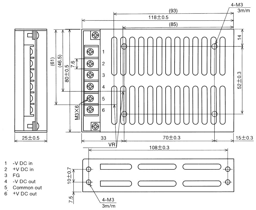 Technical drawing of an electrical component with dimensions labelled.