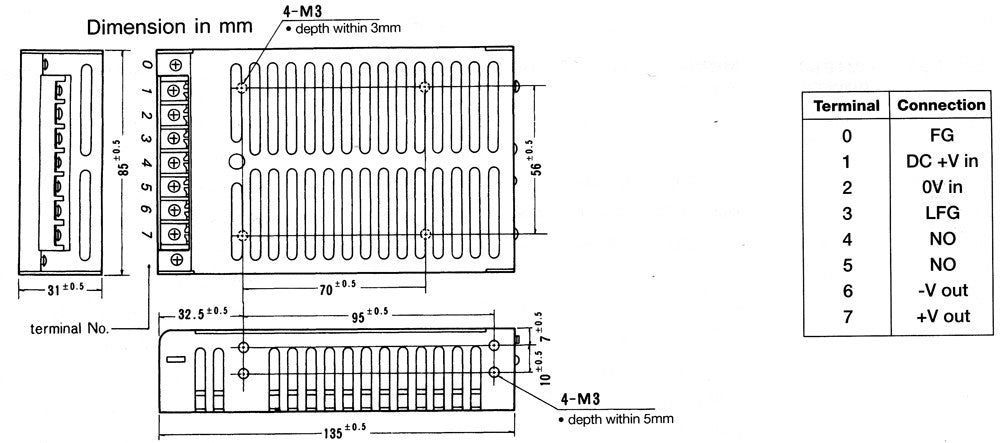 Technical drawing of a power supply unit, showing dimensions and terminal connections.