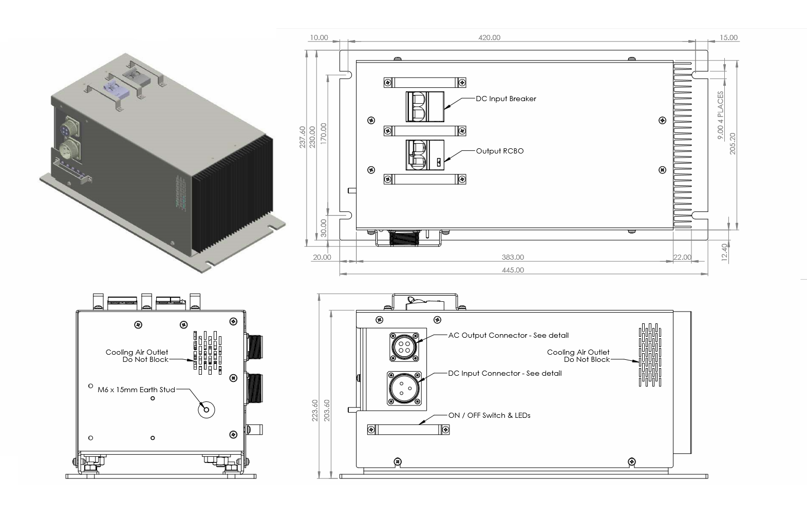 Technical drawing of a power supply unit with dimensions and component labels.