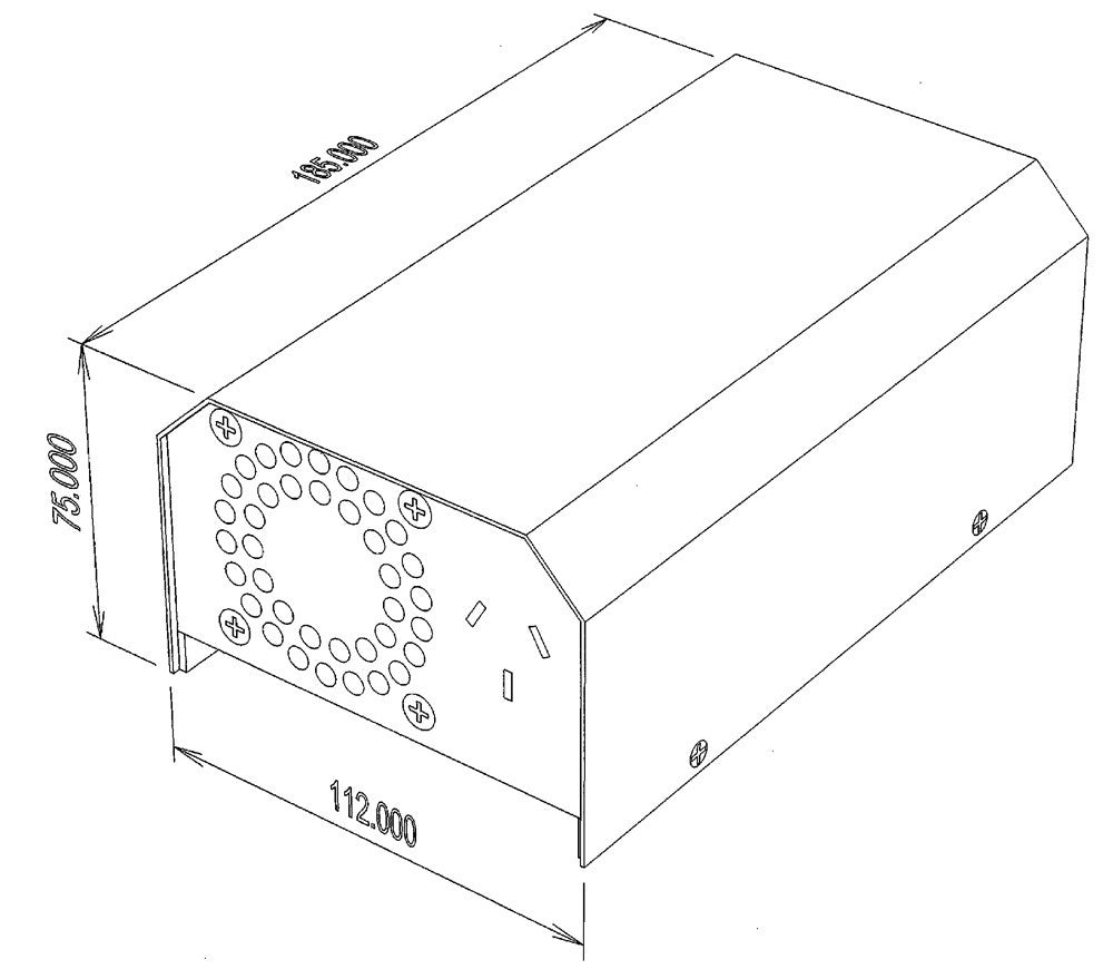 Engineering drawing of a box with dimensions.