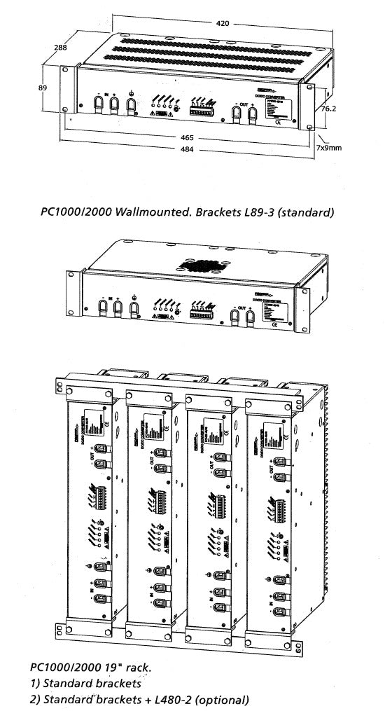 Technical drawing of PC1000/2000 unit in wall-mounted and 19-inch rack configurations, showing dimensions and fittings.