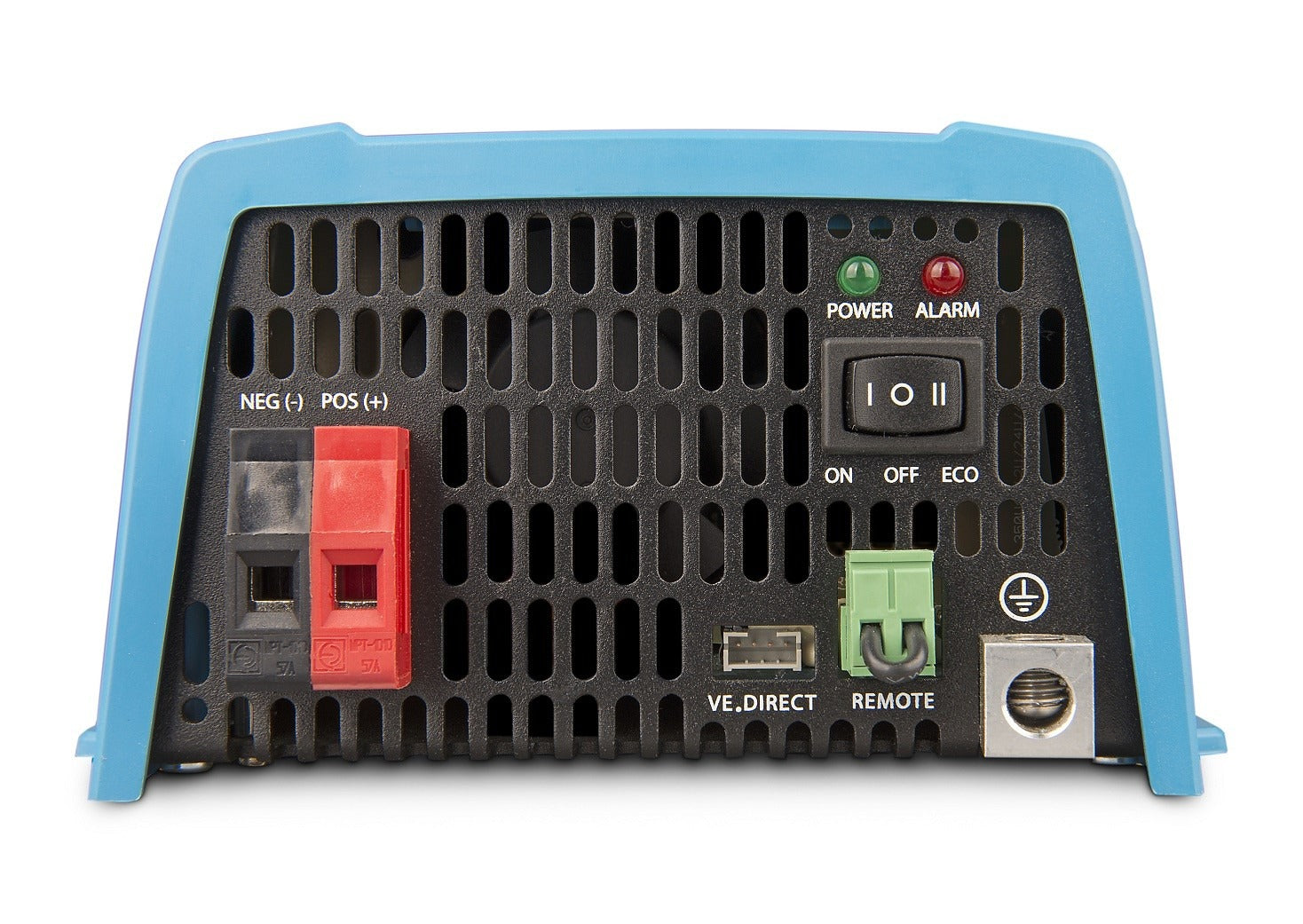 Back of an inverter, showing terminals and switch.