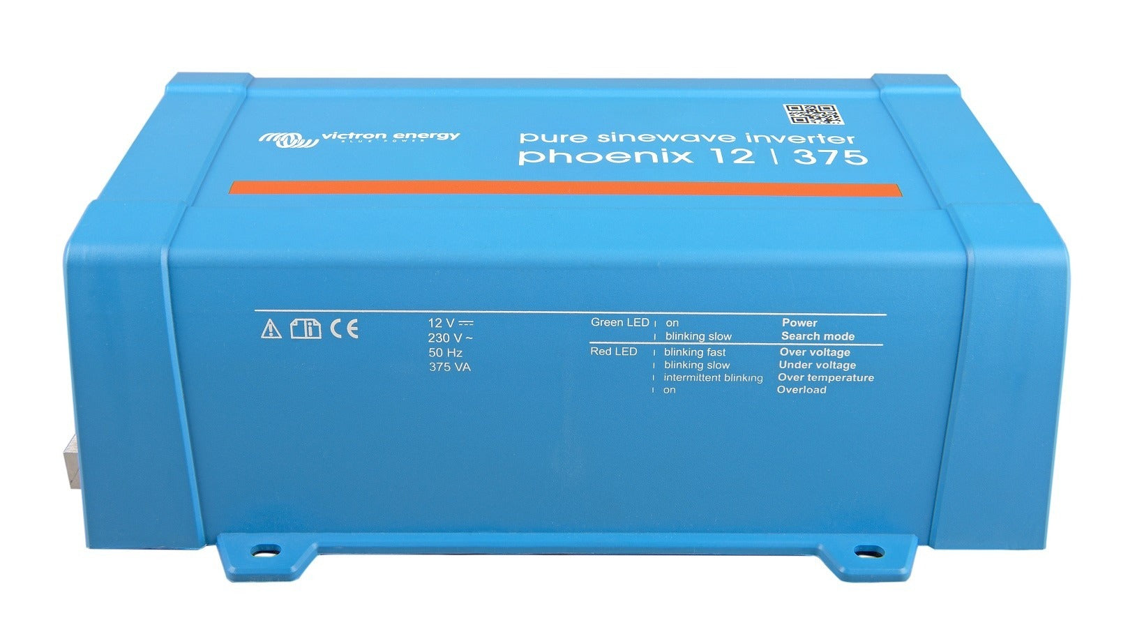 Blue Victron Phoenix inverter, front view.