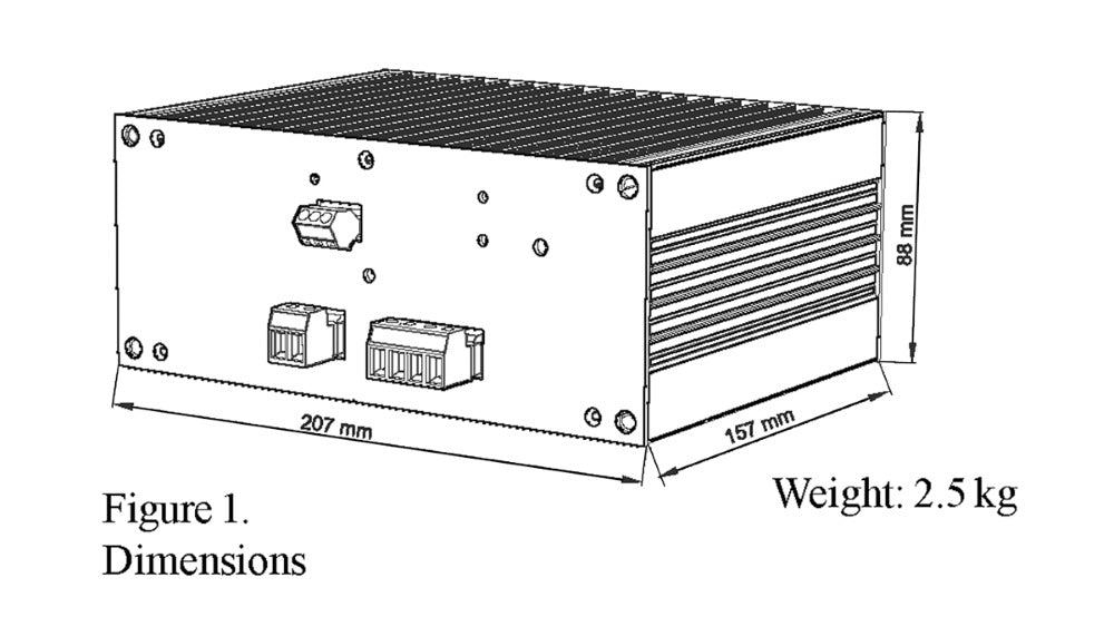 Diagram of a box with dimensions marked in millimetres and weight in kilos.